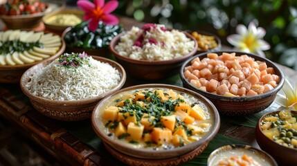 Obraz premium Vesak Delicacies: Traditional Sri Lankan vegetarian dishes, such as Kiribath (milk rice) and Kevum (fruit pudding), are prepared and shared, adding a touch of cultural flavor to the festivities.
