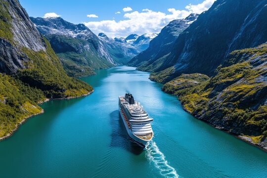 A large cruise ship glides through the breathtaking, narrow fjord, surrounded by towering mountains, sparkling blue waters, and clear skies, evoking a sense of adventure.