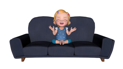 3D character pose library design illustration, 3D rendering character of girl sitting on sofa