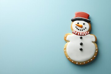 Fototapeta premium Decorated Snowman Cookie on Blue Background