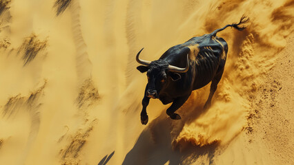 Wild bull running through the desert sand with dynamic motion and strong shadows