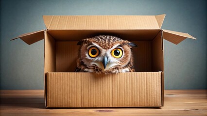 A cute owl peeks out from a cardboard box , owl, bird, cute, animal, wildlife, eyes, beak, feather, box, cardboard, surprise