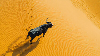 Wild bull running through the desert sand with dynamic motion and strong shadows