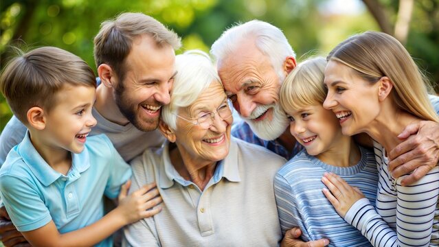 Large Family Embracing, Including Elderly, Young Adults, and Children, Multi-Generational Bond, Heartwarming Photograph