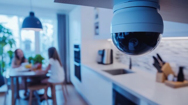 Smart surveillance camera monitoring a kitchen with family in the background