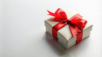 Fototapeta premium Gift box with red ribbon on white background, gift, box, red, ribbon, present, surprise, celebration, holiday, festive