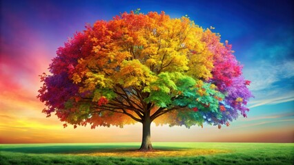 Vibrant tree with multicolored leaves, Rainbow, colorful, tree, foliage, nature, bright, vibrant, vivid, vibrant, rainbow leaves