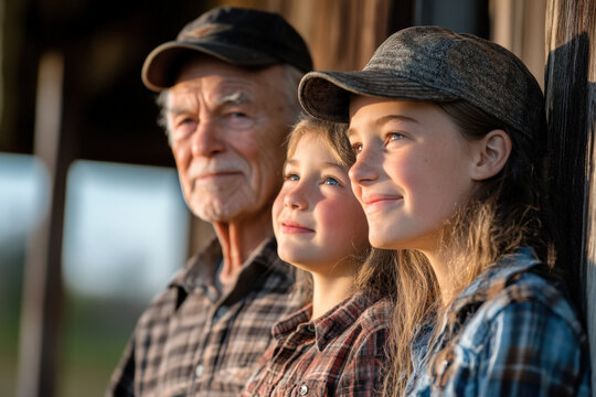 Veteran farmer is smiling with his two granddaughters while looking up with hope
