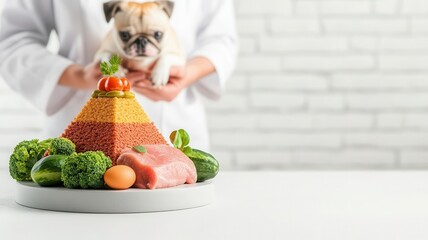 Veterinarian highlighting a poster of the food pyramid for pets, Educational materials, Pet nutrition awareness
