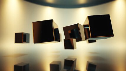 Floating 3D cubes with reflective surfaces, hovering in a space with soft shadows and ambient light.