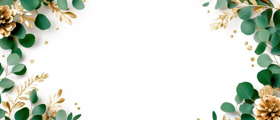 Gold botanical frame with eucalyptus leaves and subtle glitter, white background, circular shape, luxurious design for wedding cards and invitations