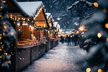 Twilight Christmas Market with Festive Lights and Snowfall  