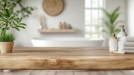 Stylish bathroom countertop with plants and spa essentials, creating a serene and inviting atmosphere for relaxation.