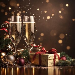 Two champagne glasses surrounded by Christmas decorations and gifts, AI generated image Background