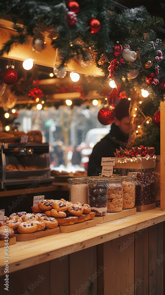 Sticker Gourmet Food Stalls Offering Homemade Pastries at a Christmas Market  