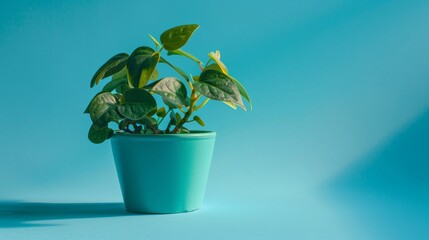 Obraz premium Photo of a small green tree in a pot on a blue background.