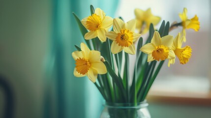 Close-up of a bunch of fresh spring daffodils in a glass vase, highlighting their bright yellow petals and long green stems.