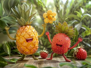 A cheerful pineapple and strawberry with cute faces celebrate with a flower amidst green foliage.