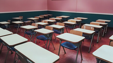 A classroom with empty desks lined up, ready for students to arrive.



