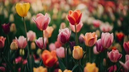 Close-up of a field of tulips with their vibrant colors and elegant shapes, creating a striking visual in the heart of spring.