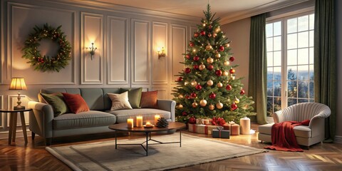 Cozy living room with a decorated Christmas tree , festive, holiday, season, ornaments, decorations, cozy, warm, family