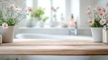 A serene bathroom setting featuring a wooden table adorned with potted flowers, creating a calm and inviting atmosphere.