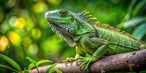 Green iguana perched on a lush tree branch , reptile, wildlife, exotic, colorful, tropical, nature, lizard, arboreal