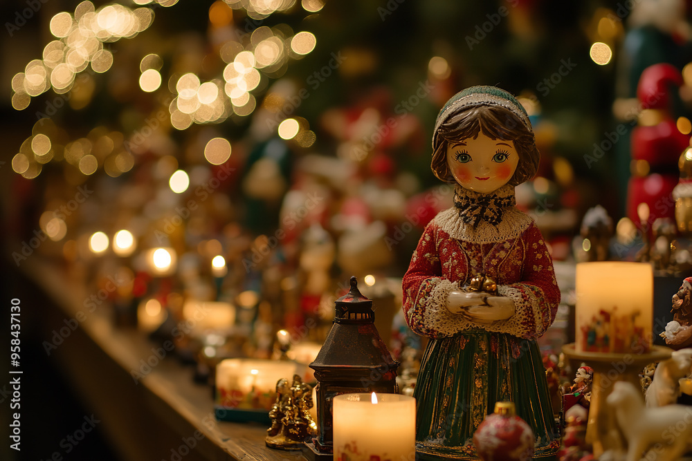 Wall mural Vintage Christmas Market with Antique Toys and Candle Light  