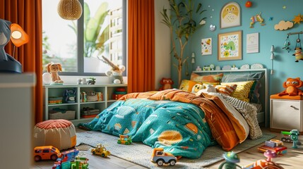 A colorful and playful bedroom with a dinosaur themed bedding, a large window, and a wall decorated with artwork and toys.
