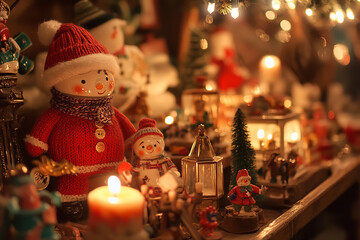 Naklejka premium Vintage Christmas Market with Antique Toys and Candle Light 