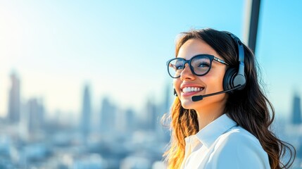 Female call center agent with a friendly smile, headset on, urban skyline behind her, detailed and bright, emphasizing customer service excellence