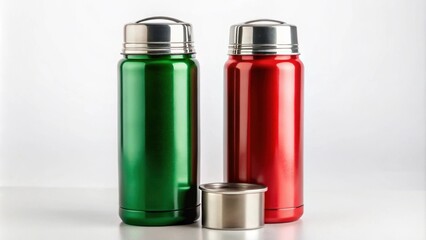 Fototapeta premium Red and green stainless steel thermos water flask for coffee or tea on white background, reusable