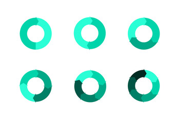 Set of pie chart diagrams. Circles arrow cut separated on1,2,3, 4,5, 6, with empty middle,simple flat design vector illustration.