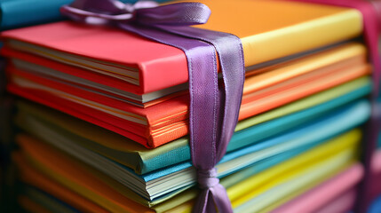 Obraz premium A stack of notebooks in various colors, tied together with a ribbon.