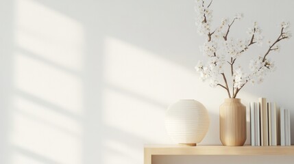 Minimalist Japanese Workspace, a serene environment emphasizing natural materials, incorporating a rice paper lamp and a wooden bookshelf, promoting tranquility and simplicity