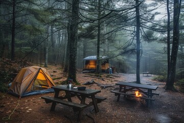 Cozy Tent Camping in Pine Forest with Mountain View and Campfire at Dawn