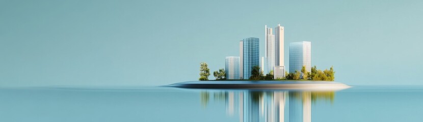 Fototapeta premium Floating Island with Glass and Water Buildings Representing Smart City Technology