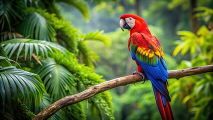 Majestic macaw perched among lush tropical foliage in a vibrant jungle canopy, macaw, bird, tropical, jungle, lush, colorful