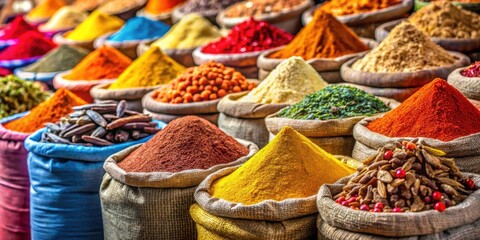 Fototapeta premium Spice market stall with open sacks of vibrant colored spices , spices, spice market, stall, open sacks, vibrant colors