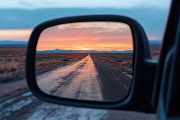 Fototapeta premium A dramatic sunset glows on a wet road, captured via the reflection in a car's side view mirror, presenting a picturesque and tranquil scene in the vastness of nature.