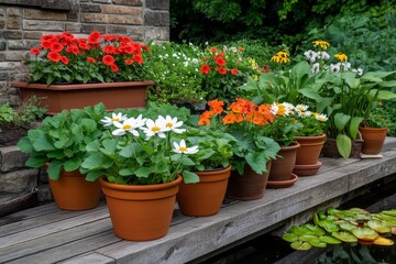 Garden with Potted Geraniums in Terracotta Pots and Greenery by Wooden Wheel and Window