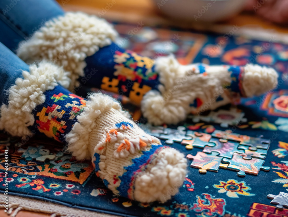 Wall mural A pair of fuzzy white socks with colorful patterns on them are sitting on a blue rug. The socks are knitted and have a cozy, warm feeling to them. The rug is a colorful piece with various patterns