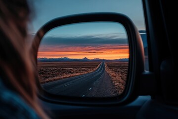 A car's rear-view mirror shows an endless straight road stretching into the horizon during a vibrant sunset, symbolizing a journey's beginning or end.