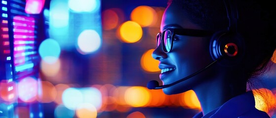 Professional female customer service agent in a headset, beaming smile, urban skyline in the background, bright and detailed, showcasing tech support
