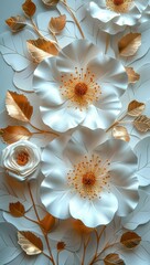 3d paper white and gold white flowers with golden leaves, white background