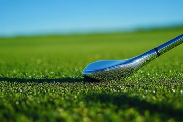 Close-up of polished golf club reflecting sunlight on green grass under clear blue sky
