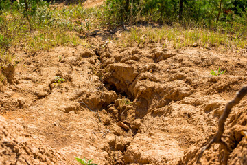 Top-down view of a rain-eroded sand slope