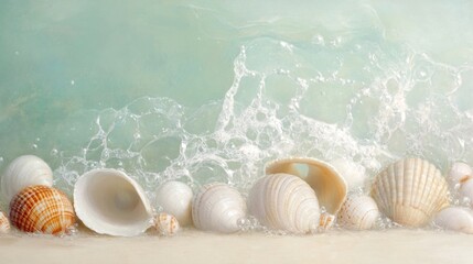 Aqua Wave Embrace, showcasing delicate shells nestled in soft sand, gently caressed by the rhythmic...