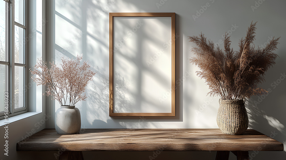 Wall mural mock up frame in home interior background, white room with natural wooden table and decor, 3d render