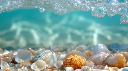 Aqua Embrace, a serene scene of delicate shells nestled in soft sand, gently caressed by a tranquil aqua wave, evoking the peaceful harmony of coastal beauty.